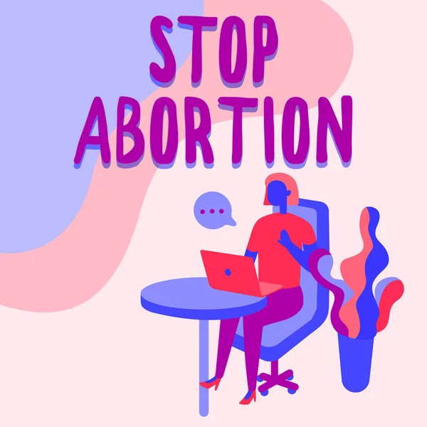 Kézírás üzenet Abortusz leállítása. Üzleti áttekintés a terhesség befejezéséhez használt orvosi eljárás leállításához Woman Sitting Office Desk Using Laptop With Speech Bubble Beside Plant. — Stock Fotó