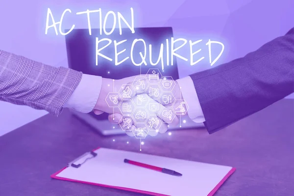 Inspiration showing sign Action Required. Business idea Regard an action from someone by virtue of their position Hands Shaking Signing Contract Unlocking New Futuristic Technologies. — Stock Photo, Image