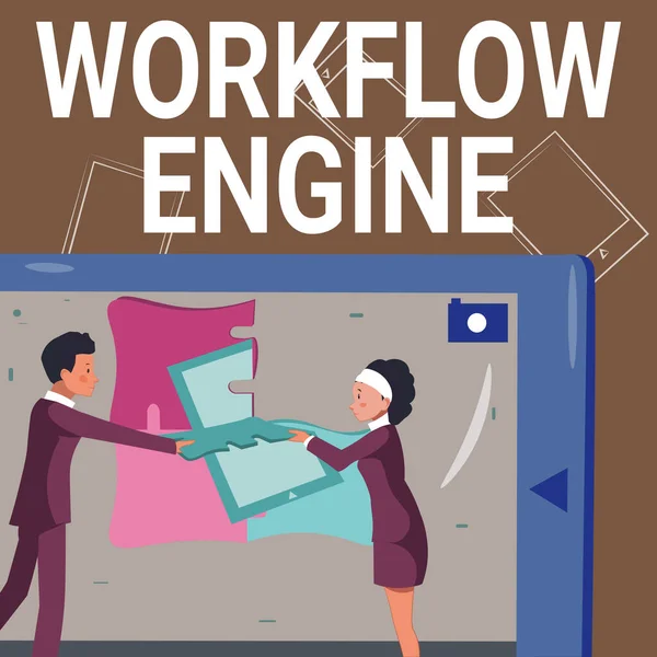 Sinal exibindo o mecanismo de fluxo de trabalho. Ideia de negócio Workflow Engine Colegas Construindo novos planos de projeto Apresentando ideias mais recentes. — Fotografia de Stock