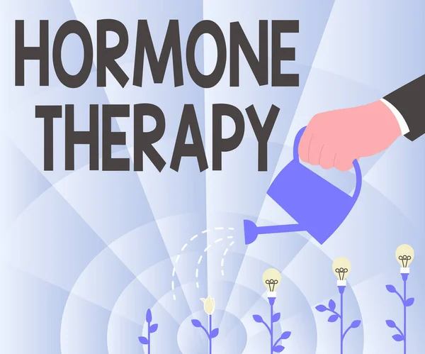 Ręczne pisanie znaku Hormonoterapia. Przegląd biznesowy stosowanie hormonów w leczeniu objawów menopauzy Ręczne trzymanie wody Może podlewać rośliny Rosnące Najnowsze pomysły projektu. — Zdjęcie stockowe