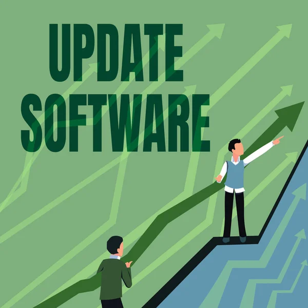 Scrittura visualizzazione del software di aggiornamento del testo. Parola per la sostituzione del programma con una versione più recente dello stesso prodotto Frecce guida due uomini d'affari che collaborano verso un piano finanziario migliore. — Foto Stock