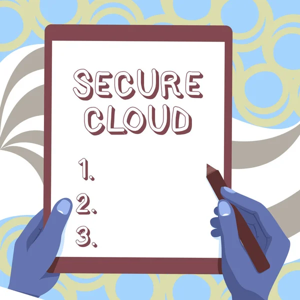 Ręczny napis Secure Cloud. Word for Protect the stored information safe Controlled technology Drawing Of Both Hands Holding Tablet Lekkie prezentowanie wspaniałych pomysłów — Zdjęcie stockowe