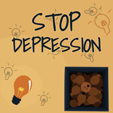 Kavramsal Durdurma Depresyonu. Kavramsal fotoğraf, yeni keşifleri gösteren kutunun içinde parlayan ampulün hüzün ve depresif duygularına son verir..