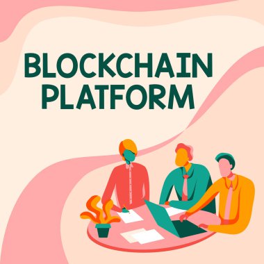 Blockchain Platformunu gösteren bir tabela. Sanal alan meslektaşlarının bilgisayarlı bir masada otururken bilgisayarla tartıştığı kavramsal fotoğraf şifreli dijital alışverişi.