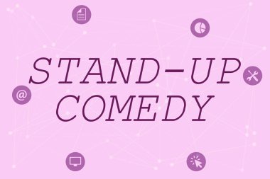 Stand-Up Komedi 'yi gösteren bir tabela. İş Fikri Komedyeni canlı seyirci hattı önünde konuşuyor Çeşitli Şekiller ve Renklerle Resmedilmiş Arkaplan.