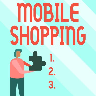 Mobil Alışveriş ilhamını gösteren metin. Mobil İş Adamları Yapboz Parçası Tutarak Yeni Geleceğe Yönelik Teknolojilerin Kilidini Açarak Mal ve Hizmetleri Satma Konsepti