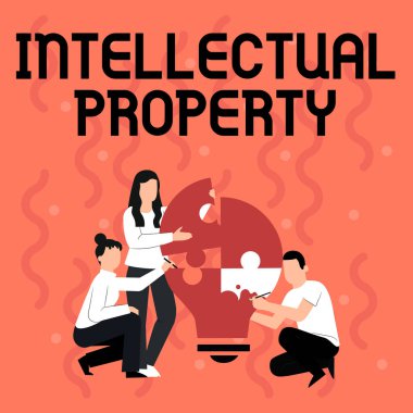 Text showing inspiration Intellectual Property. Conceptual photo Protect from Unauthorized use Patented work or Idea Employee Drawing Helping Each Other Building Light Bulb Jigsaw Puzzle. clipart