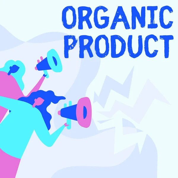 Концептуальный заголовок Organic Product. Бизнес-презентация, сделанная из материалов, произведенных органическим сельским хозяйством Женщины Рисунок Холдинг Мегафоны сделать объявление для общественности. — стоковое фото