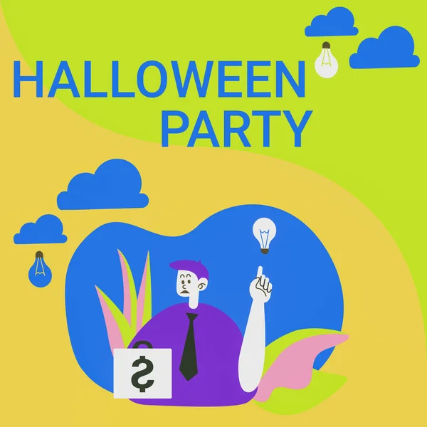 Text sign showing Halloween Party. Business approach eve of the Western Christian feast of All Hallows Day Man Sitting In Park Blowing Balloons Thinking Of New Thoughts With Idea Lamp. — Stock Photo, Image