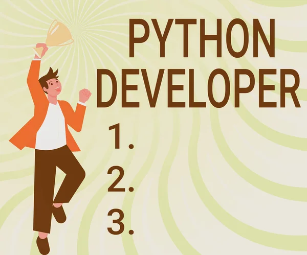 Εννοιολογική λεζάντα Python Developer. Επιχειρηματική ιδέα υπεύθυνη για το γράψιμο serverside web application logic Gentleman Jumping Excitently Holding Trophy Εμφάνιση επιτευγμάτων. — Φωτογραφία Αρχείου