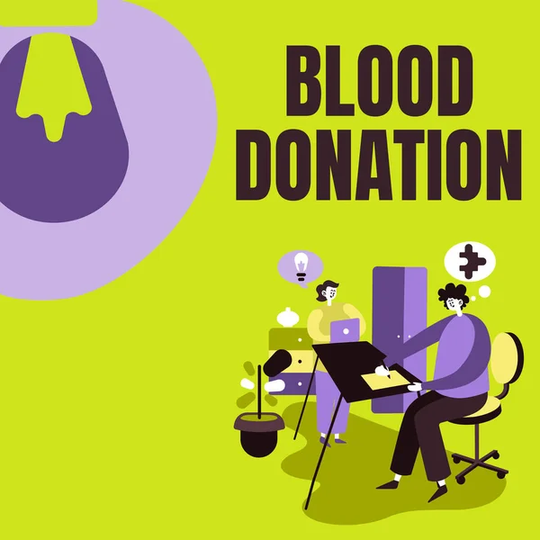 Testo che mostra ispirazione Donazione di sangue. Parola scritta sul processo di raccolta di test e memorizzazione del sangue intero Partner Condivisione di nuove idee per migliorare le strategie di lavoro di abilità. — Foto Stock
