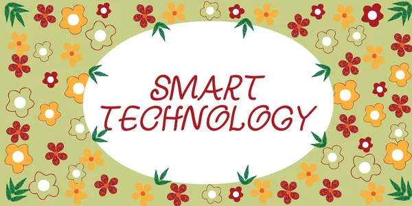 Wyświetlacz koncepcyjny Smart Technology. Słowo na gadżety lub urządzenie, które ma wbudowaną ramę komputera lub chip ozdobione kolorowe kwiaty i liści rozmieszczone harmonijnie. — Zdjęcie stockowe