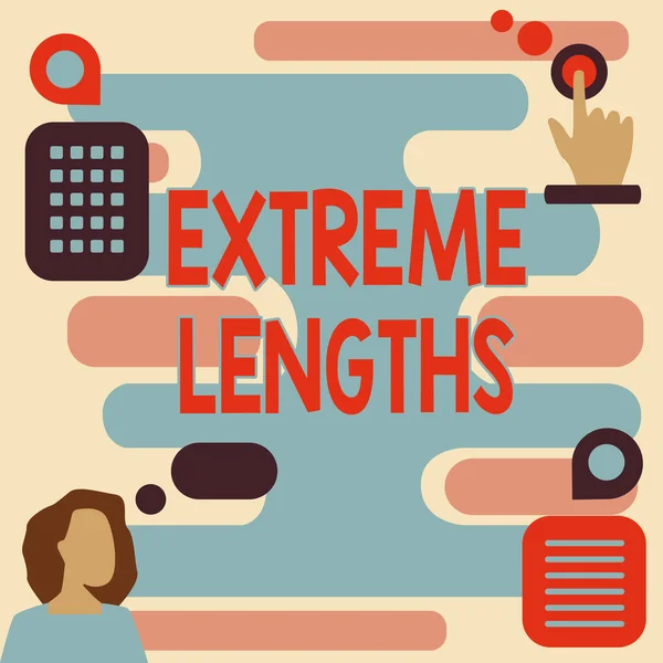 Text sign showing Extreme Lengths. Business overview Make a great or extreme effort to do something better Woman Innovative Thinking Leading Ideas Towards Stable Future. — Stock Photo, Image
