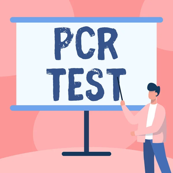 Tekst pokazujący inspirację Pcr Test. Internet Koncepcja jakościowe wykrycie genomu wirusowego w krótkim seqeunce nauczyciela DNA w kurtce Rysunek Stojący wskazując kij na tablicy. — Zdjęcie stockowe