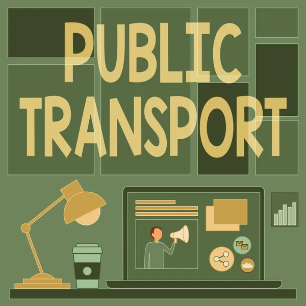 Inspiratie met bord Openbaar Vervoer. Woord Geschreven op het vervoer van passagiers per groep reissystemen naar openbare laptop op een tafel Naast koffie mok en bureau lamp Showing Work Process. — Stockfoto