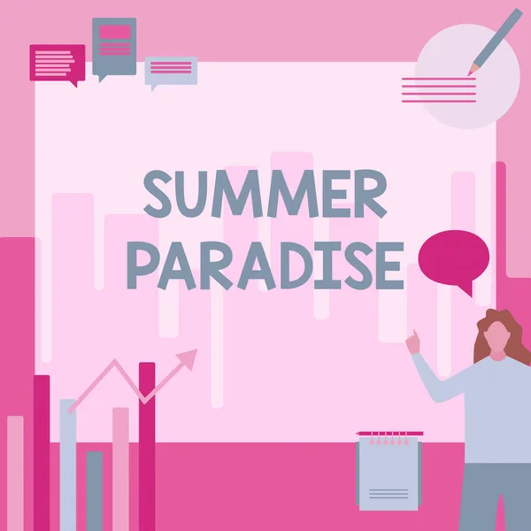 Testo che mostra ispirazione Summer Paradise. Business concept Trascorrere le vacanze in un luogo ideale o idilliaco o stato Businesswoman Casual Standing Presentare grafici e nuove idee meravigliose. — Foto Stock