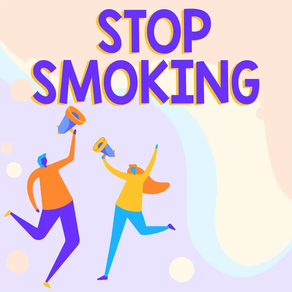 Handwriting text Stop Smoking. Business overview the process of discontinuing or quitting tobacco smoking Illustration Of Partners Jumping Around Sharing Thoughts Through Megaphone. — Stock Photo, Image