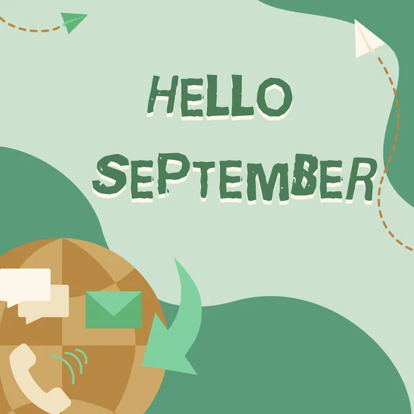 Inspiración mostrando signo Hola Septiembre. escaparate de negocios con ganas de una cálida bienvenida al mes de septiembre de dibujo de la red de Internet con mensajería colorida S. — Foto de Stock