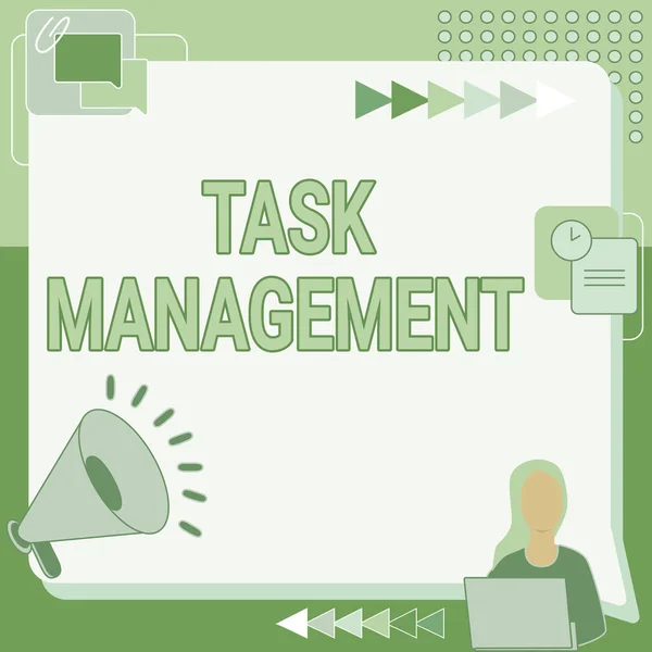 Conceptual display Task Management. Business concept the process of managing a task through its life cycle Woman Drawing Sitting Working Next To Megaphone Making New Announcement — Stock Photo, Image