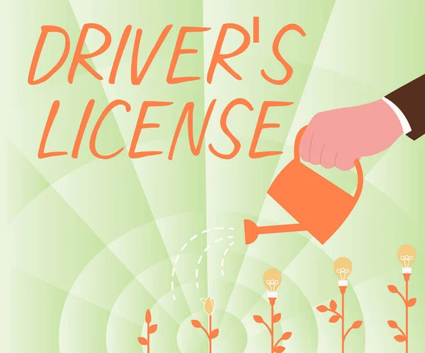 Schreiben von Text Driver S License. Geschäftsübersicht eines Dokuments, das es einer Person erlaubt, ein Kraftfahrzeug zu fahren, Hand hält Wasserkanne Bewässerungspflanzen. — Stockfoto