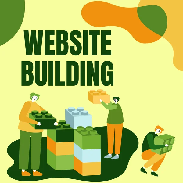 Hand writing sign Website Building. Business showcase Website Building Colleagues Displaying Cube Representing Teamwork Discussing Future Project. — Stock Photo, Image