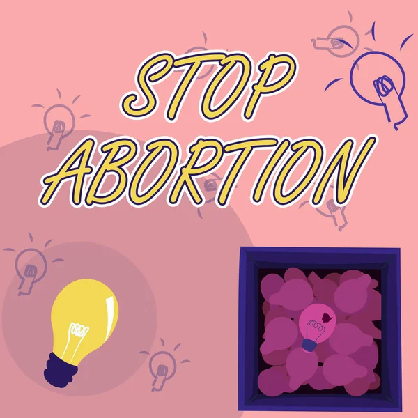 Legenda do texto apresentando Stop Abortion. Abordagem de negócios para parar o procedimento médico que costumava acabar com uma gravidez Desenho de lâmpada brilhante na caixa exibindo descobertas frescas. — Fotografia de Stock