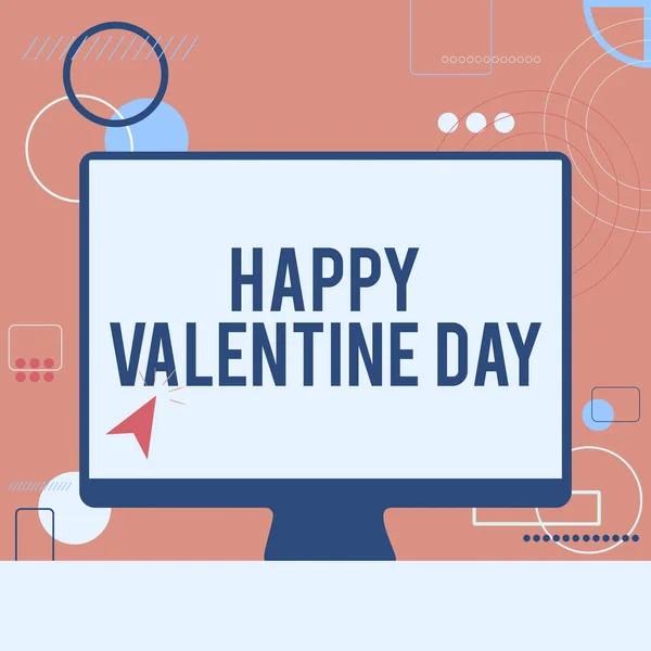 Hand writing sign Happy Valentine Day. Business approach a special day for lovers to express their affection to themselves Illustration Of Cursor In Blank Screen Monitor Searching Ideas. — Stock Photo, Image
