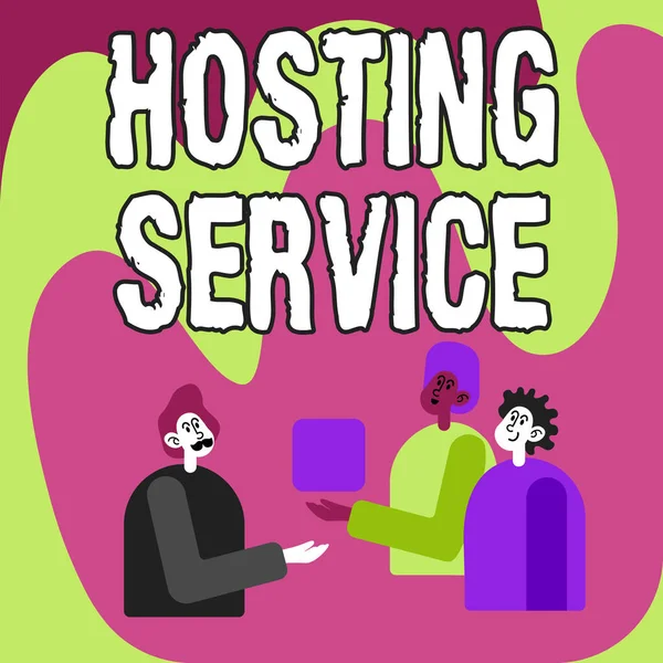 Text bildtext presenterar Hosting Service. Affärsidé tillhandahåller tjänster för webbplatsen som ska ses i Internet Colleagues Visa Cube Representera Teamwork Diskutera framtida projekt. — Stockfoto