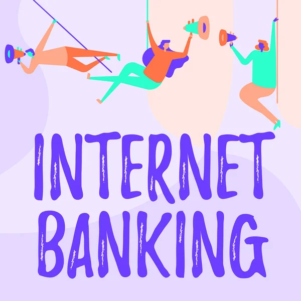 Skrivtecken Internet Banking. Affärs showcase bank metod som transaktioner som utförs elektroniskt Människor Rita Hanging At Ceiling Med Megaphones Att tillkännage. — Stockfoto