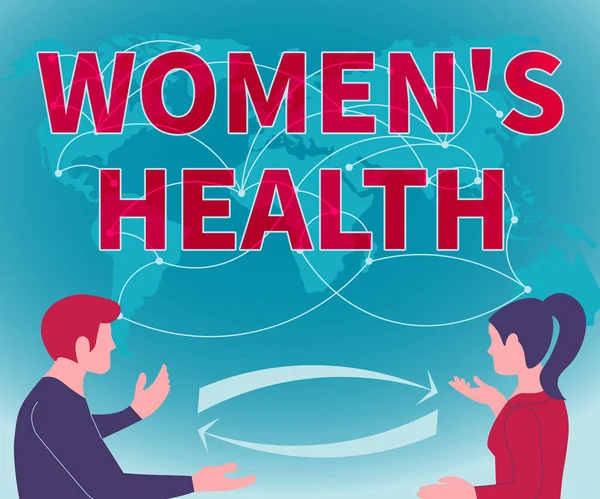 Εννοιολογική λεζάντα Οι γυναίκες είναι Υγεία. Επιχειρηματική προσέγγιση Οι γυναίκες s είναι υγεία δύο συμπαίκτες συζητούν νέες ιδέες World Map Brainstorming Νέες λύσεις. — Φωτογραφία Αρχείου