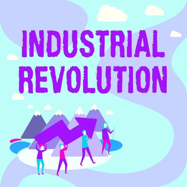 Escribir mostrando texto Revolución Industrial. Palabra para el tiempo durante el cual el trabajo hecho más por las máquinas Cuatro Colegas Ilustración Escalada Montaña Sosteniendo Flecha Grande. —  Fotos de Stock