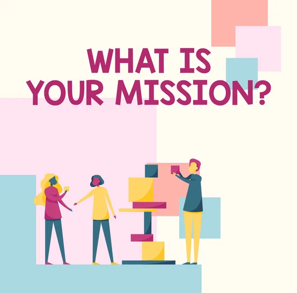 Text sign showing What Is Your Mission Question. Word Written on What Is Your Mission Question Three Colleagues Standing Helping Each Other With Building Blocks. — Stock Photo, Image