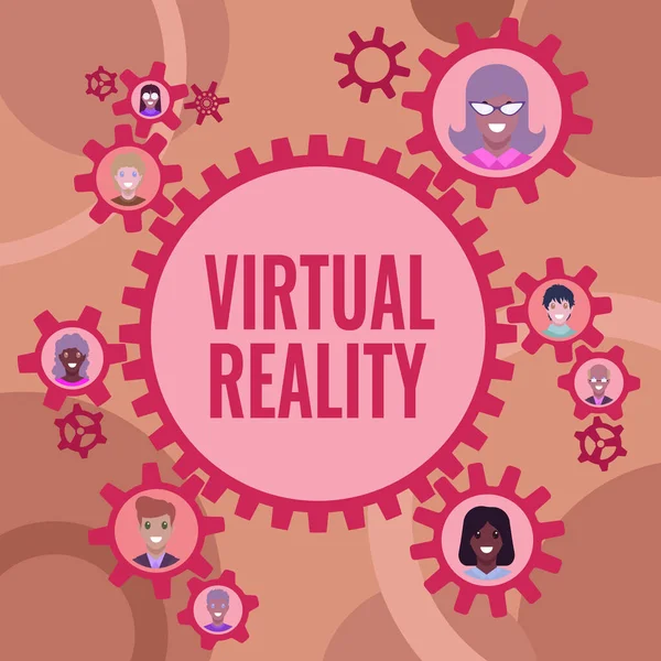 Sinal exibindo Realidade Virtual. Palavra Escrita em Colegas de Realidade Virtual Apresentada Dentro de Cogwheels Mostrando Definição de Trabalho em Equipe — Fotografia de Stock