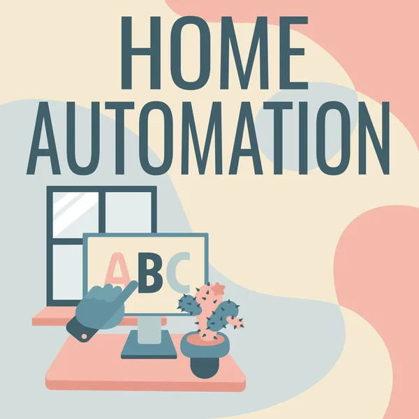 Signe d'écriture Home Automation. Solution d'entreprise maison idée qui permet d'automatiser la majeure partie de la main électronique montrant des lettres pointant l'écran du navigateur Web avec cactus sur le côté. — Photo