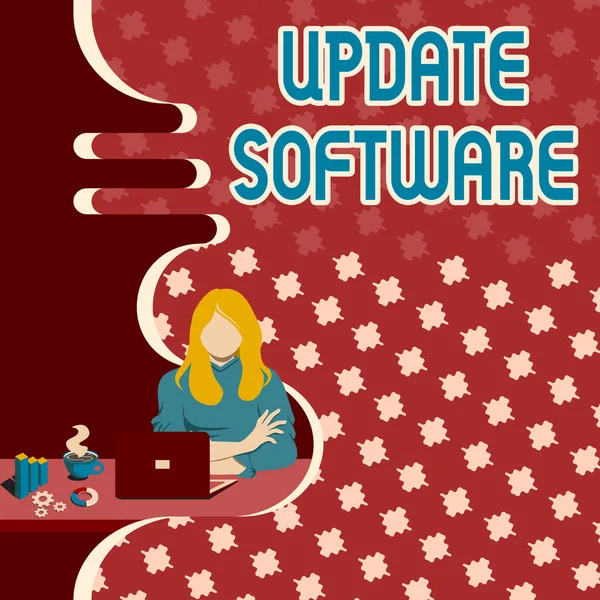 Schreiben von Text-Update-Software. Geschäftskonzept ersetzt Programm durch eine neuere Version desselben Produkts Frau sitzt mit Laptop Online-Sitzung über neueste Projekte. — Stockfoto