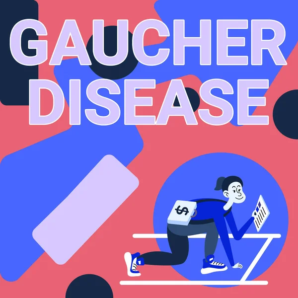 Conceptual caption Gaucher Disease. Obchodní vitrína autozomálně recesivní dědičná porucha metabolismu Žena nesoucí aktovku Čtení novin Příprava začít investovat. — Stock fotografie