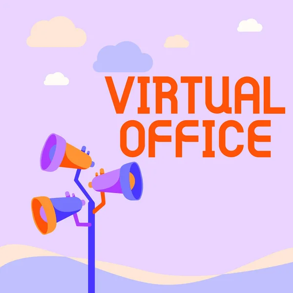 Вдохновение показывает знак Виртуальный офис. Слово для виртуального офиса: "Мегафоны" рисуют анонс в открытом пространстве. — стоковое фото