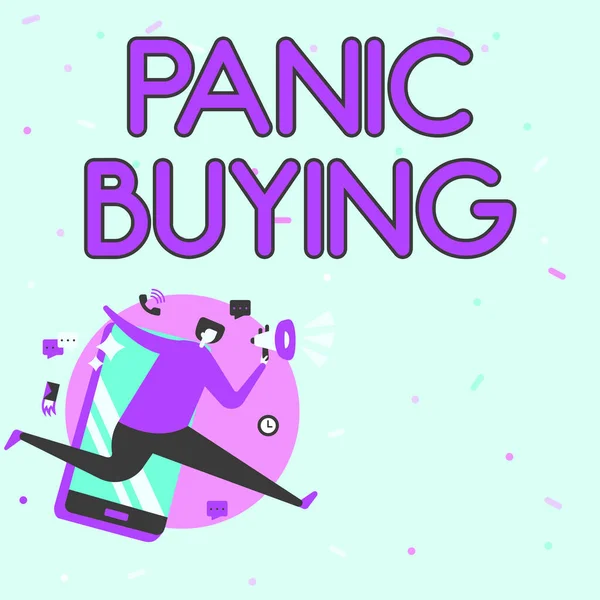 손 글씨 패닉 바이빙 (Panic Buying). 사람들 이 갑자기 부족해 지는 것을 두려워하여 대량 구입에 관한 말 이 기록되어 있다. — 스톡 사진