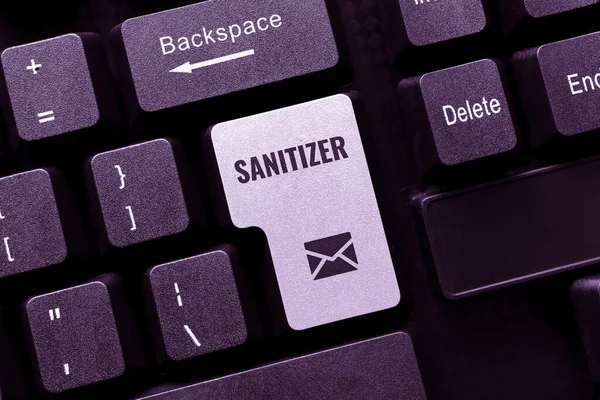 Bildunterschrift: Sanitizer. Geschäftsansatz Flüssigkeit oder Gel im Allgemeinen verwendet, um Infektionserreger zu verringern Typisierung Geschäftsvereinbarung Brief, Schreibmaschine Neuer bindender Vertrag — Stockfoto