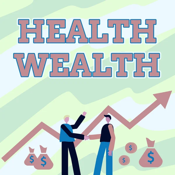Texte inspirant Santé Richesse. L'approche d'affaires la santé est la plus précieuse et précieuse pour chaque individu Deux hommes debout serrant la main avec la flèche financière pour la croissance et les sacs d'argent. — Photo