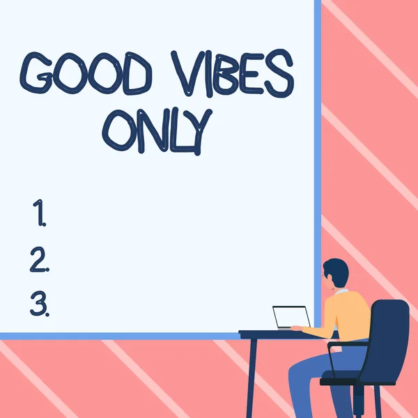Bildunterschrift: Nur gute Stimmung. Geschäftsidee Nur positive Emotionen Gefühle Keine negativen Energien Mann im Sessel Laptop auf dem Tisch mit großem weißen Brett. — Stockfoto
