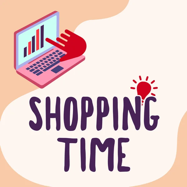 Inspiratie met bord Shopping Time. Woord voor een periode van tijd waarin iemand koopt een heleboel dingen Laptop Tekenen Toont Grafiek Groei Hand Pointing Screen. — Stockfoto