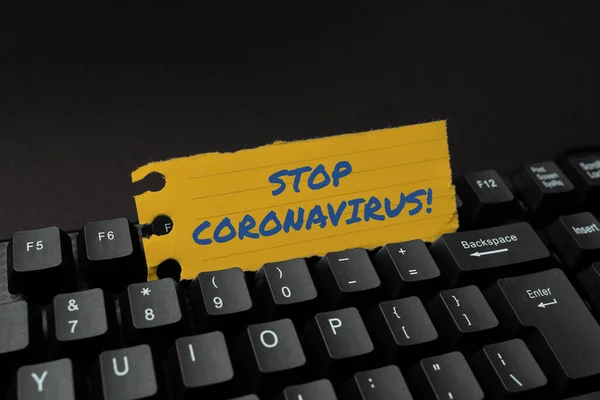 Κείμενο που δείχνει έμπνευση Σταματήστε τον Coronavirus. Επισκόπηση επιχειρήσεων Εκστρατεία ευαισθητοποίησης ασθενειών καταπολέμηση για να μειώσει τις περιπτώσεις COVID19 Πληκτρολογώντας νέα έκδοση του Informational Ebook, Δημιουργία Fresh Website Content — Φωτογραφία Αρχείου