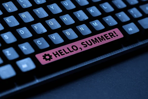 Conceptual caption Hello, Summer. Business concept greeting used when the hot season of the year is experienced Typing Image Descriptions And Keywords, Entering New Internet Website — Stock Photo, Image