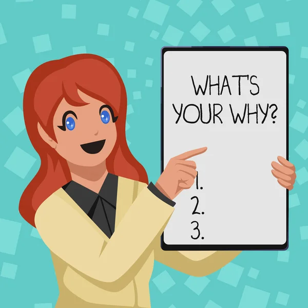 Bildunterschrift: Was ist Ihre Warum-Frage? Konzeptfoto What S Your Why Question Geschäftsfrau zeichnet weiße Tafel mit Ankündigungen — Stockfoto
