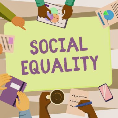 Sosyal Eşitliğin Kavramsal Gösterimi. İş dünyası gösterisi, sosyal politika meslektaşları toplantısına adalet ve adalet endişelerini ve gelecekteki projelerin grafiklerini tartışan kahve toplantısını da kapsıyor..