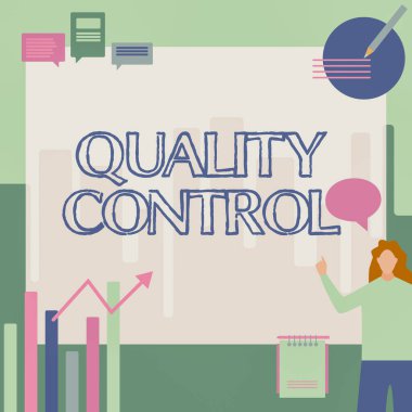 El yazısı işareti Kalite Kontrol. İş dünyası sergisi, ürünlerin ya da hizmetlerin standart iş kadını gelişigüzel sunum grafiklerine ve yeni harika fikirlere göre satıldığından emin olur..