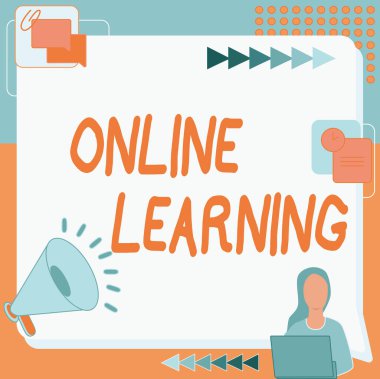 Kavramsal başlık Çevrimiçi Öğrenme. İnternet 'in yardımıyla Larning' in iş vitrini ve Megafon 'un yanında çalışan bir bilgisayarcı kadının çizimi yeni duyuru yapıyor.