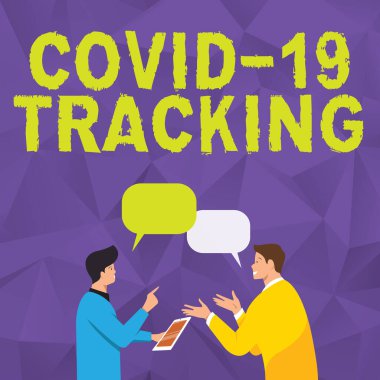 Metin başlığı Covid 19 izleme sunar. Etkilenmiş olabilecek iki kişinin iş görüşlerini Konuşma Baloncuklarıyla Paylaşan İki Erkek Meslektaşı