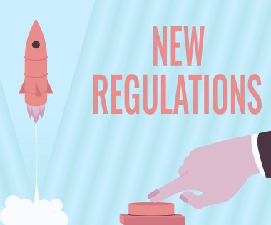 Yeni Yönetmelikleri gösteren metin işareti. İnternet Kavram Düzenlemesi genellikle kurallar tarafından kullanılan aktiviteyi kontrol eder. Yeni Ufuklar için roketi uzaya fırlatmak üzere Adam Elle Basma Tuşu.